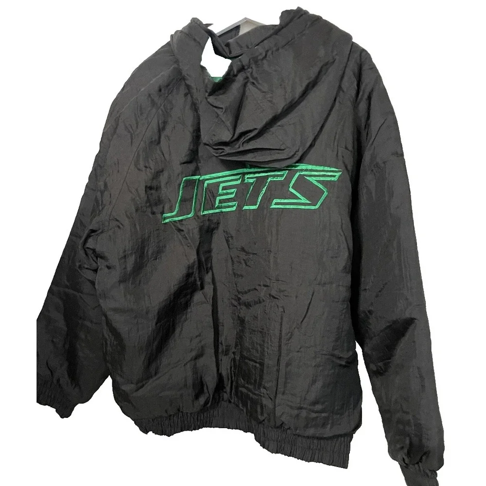 Vintage 90s New York Jets NFL Game Day Puffer Jacket XL Black Green Hooded Coat
